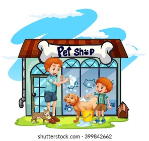 Father and son giving dog a bath illustration