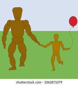 Father and son go and hold on to the hand, the boy in his hands a red air balloon