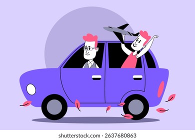 Father and son going on road trip in vibrant purple car. Boy joyfully holding toy plane while man driving with smile, surrounded by falling leaves