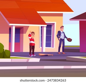 Father and son are going to play baseball in yard. Cartoon vector illustration of young man and teen kid boy with sport equipment near house on summer day. Family relations and together activity.