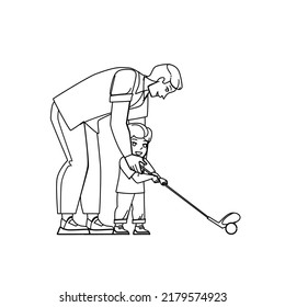 padre hijo vector de golf. los padres juegan, los niños van al club y los padres son el personaje del golf. ilustración vectorial de dibujo de línea negra