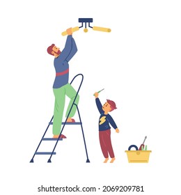 Father and son hang lamp together flat vector illustration. Man on a ladder fix light while little kid helps him with tools, isolated on white background.