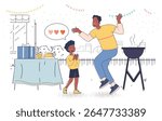 Father and son happily celebrating a backyard barbecue party with gifts, food, and decorations, flat cartoon style on white background. Vector illustration