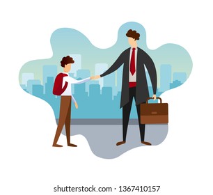 Father with Son Happy Family. Adult Man in Formal Coat and Suit and Little Boy in School Uniform Hold Hands on Urban Background with City Buildings Silhouettes. Cartoon Flat Vector Illustration. Icon.