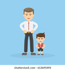 Father and son. Happy and funny characters. Family close relationships.