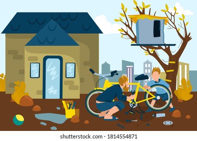 Father and son happy together vector illustration. Dad and boy repairing bicycle near home cottage outdoors in summer. Childhood and parenting. Activities for father and sons leisure and fun.