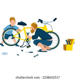 Father and son happy together vector illustration. Dad and boy repairing bicycle near home cottage outdoors in summer. Childhood.