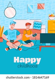 Father and son have fun playing video games together. A man and a boy sit in front of the TV at their leisure, on weekends or in quarantine. Father day. Cartoon vector illustration