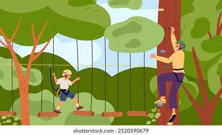 Father and son have fun in rope park. Happy family on adventure forest attraction. Suspension bridge. Kid overcoming obstacles. Dad climbing tree. Extreme sport. Garish