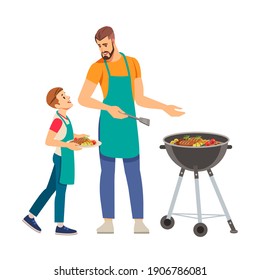 Father and son having a barbecue party in their garden. Happy family having barbecue party at summer garden. Leisure, family, holidays and people concept. Cartoon vector illustration isolated on white