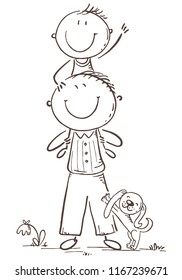 Father and son having fun, cartoon vector illustration, black and white