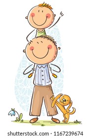 Father and son having fun, cartoon vector illustration