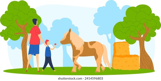 Padre e hijo divirtiéndose alimentando a caballo en el campo. Niño dando manzana al caballo, hombre sosteniendo la mano. Vínculo familiar al aire libre con ilustración vectorial de animales de granja.