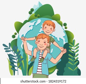 Father and son having fun and playing. Happy family vector concept. Cute boy sits on the shoulders of his father. Summer landscape background. Vacation time
