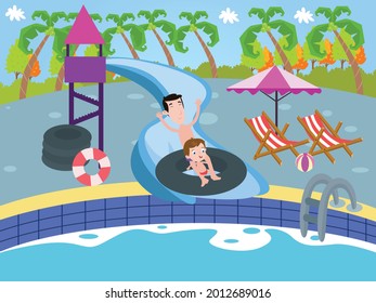 Father and son having fun at pool 2D cartoon concept for banner, website, illustration, landing page, flyer, etc.
