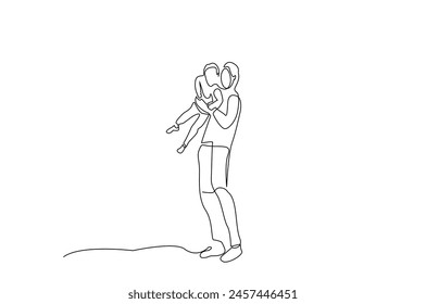 father son having fun together happy family pose full body length one line art design vector