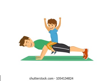 father and son having fun training together, happy cheerful dad doing push ups sport workout exercise with boy sitting on his back humor vector illustration scene