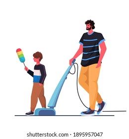 father and son having fun while cleaning parenting fatherhood friendly family concept dad spending time with his kid full length vector illustration