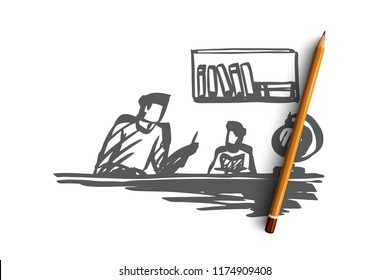 Father, son, helping, home education concept. Hand drawn dad helps to his son do homework, father's dayconcept concept sketch. Isolated vector illustration.