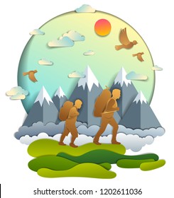 Father and son hiking to nature with mountain range, active men, fatherhood and teenager son growing masculine. Vector illustration of beautiful summer scenic landscape, birds in the sky, holidays.