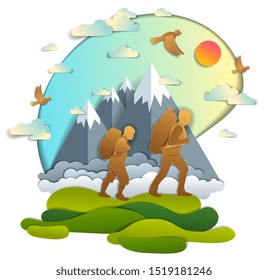 Father and son hiking to nature with mountain range, active men, fatherhood and teenager son growing masculine. Vector illustration of beautiful summer scenic landscape, birds in the sky, holidays.