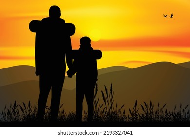 father and son hiking silhouette