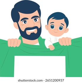 Father Son Holding Blank Sign peeking, happy Iran Revolution Day