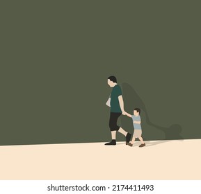 Father and son holding hand and walking on city street. Father's Day.