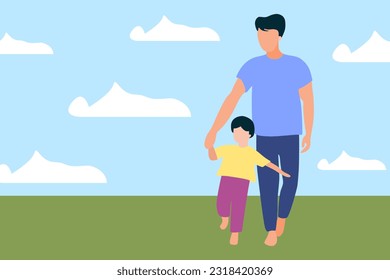 father with son holding hand walking together outdoor flat minimalistic vector illustration