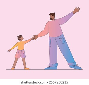 Father and son holding hands, dancing. Male characters moving joyfully. Adult in gradient casual outfit, child in bright shorts and sweater. Family connection. Flat, vector, minimalist, isolated