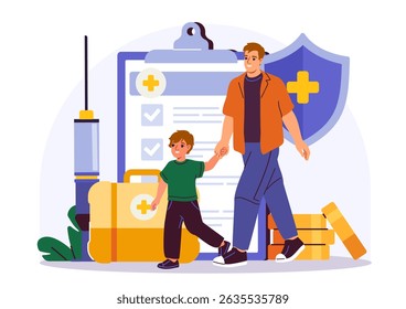 Father and son holding hands near a giant clipboard, syringe, and medical kit in flat style on white background. Concept of health insurance and vaccination. Vector illustration