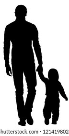 Father and son holding hands walking vector silhouette illustration isolated. Parent with son. Man and baby boy walk shape. Fathers day. Happy family closeness in public shadow. I love my dad.