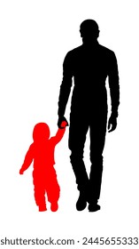 Father and son holding hands walking vector silhouette illustration isolated. Parent with son. Man and baby boy walk shape. Fathers day. Happy family closeness in public shadow. I love my dad.