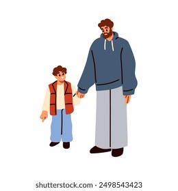 Father and son holding hands, walking together. Happy smiling dad with little child. Family, man parent and cheerful boy kid standing. Flat graphic vector illustration isolated on white background