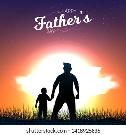 Father and son are holding hands and watching sunset view. Happy Father's Day Calligraphy greeting card. Vector illustration.