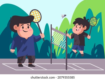 father and son are holding racket they are playing badminton in outdoor  with green scenery to prepare championship in school modern cartoon flat color isolated background vector illustration