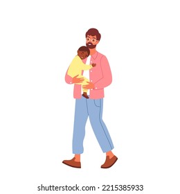Father and son. Father holds son in his arms. Flat vector illustration.
