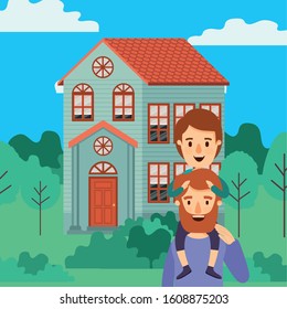 Father son and house design, Family relationship generation lifestyle person character friendship and portrait theme Vector illustration