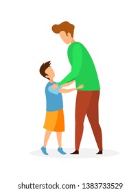 Father and Son Hugging Flat Vector Illustration. Adult Man and Little Boy Cartoon Characters. Young Single Dad Spend Time with Child. Fatherhood, Happy Family, Father day Celebration