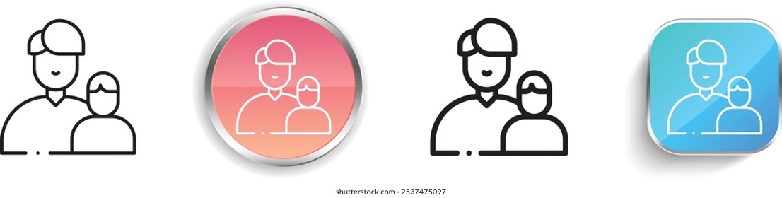 Icono de padre e hijo. Diseño de estilo lineal delgado, regular y de Botón aislado sobre fondo blanco