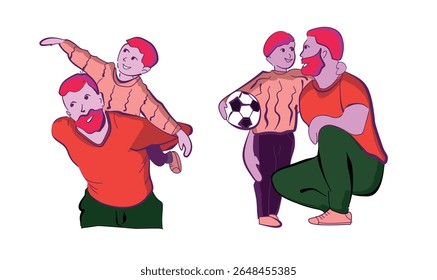 father and son illustration in orange and green colors editable vector