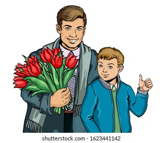 The Father And The Son. Image Of A Man And A Boy In The Style Of Pop Art, Retro, Realism. Decorative Greeting Card With Mother's Day, March 8, Family, Suitable For Advertising.