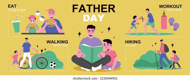 Father Son Infographic With Eat Together Walking Hiking And Workout Whit Dad Descriptions Vector Illustration