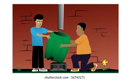 A father and son install a rain barrel to a house gutter. The EPS file contains the main elements for easy manipulation.