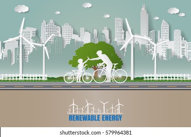 Father and son are to join hands together while do activities cycling in city parks. Paper art vector illustration