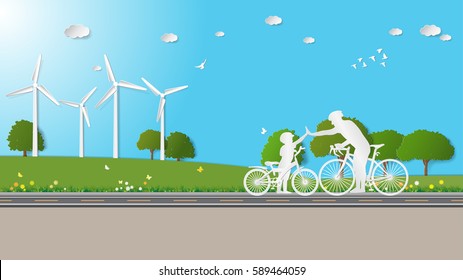 Father and son are to join hands together while do activities cycling in meadow. Paper art vector illustration