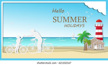 Father and son are to join hands together while do activities cycling on the beach. Paper art vector illustration
