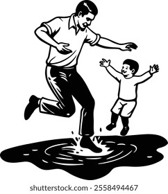 Father and son jumping in puddle clipart