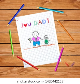 Father and son kid greeting card, dad with boy, hand drawn I love you dad inscription on checkered notebook sheet graphing paper wooden table colored pencils background Fathers day vector illustration