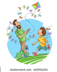Father son and kite on field vector illustration